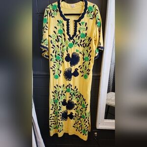 Frances Valentine Yellow Blue and Green Peacock Kaftan